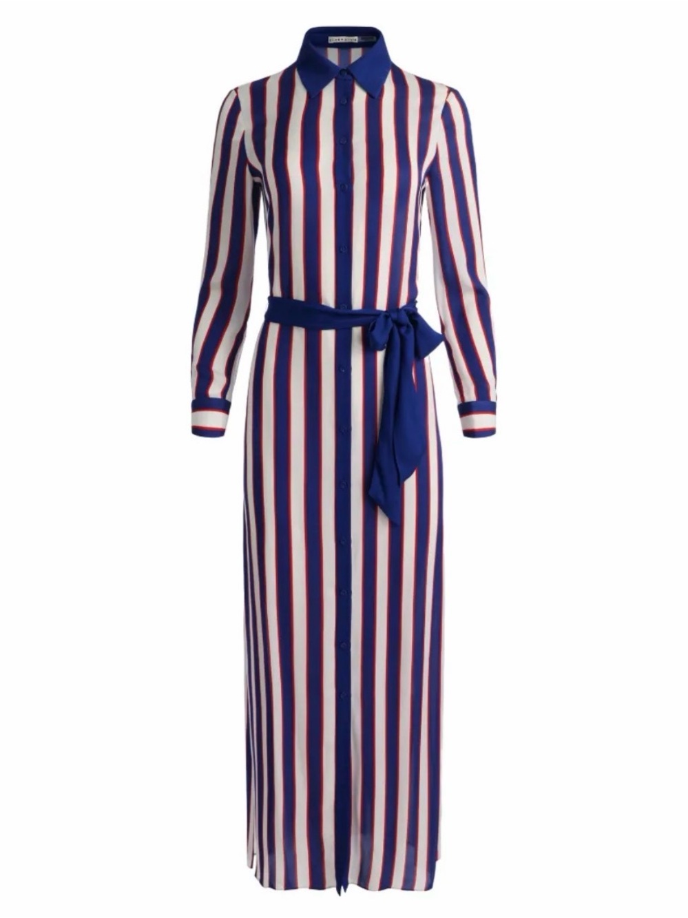 Alice + Olivia Cassidy Striped Blue and White Maxi Shirt Dress with Belt